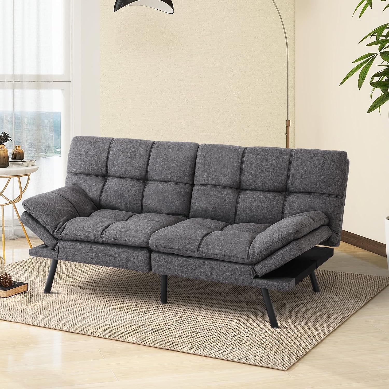 Futon Sofa Bed Convertible Couch,Memory Foam Futon Sofa Couch,Sleeper Futons Sofa Couches,Small Splitback Modern Loveseat Sofa Bed for Living Room,Office,Apartment,Linen Fabric,Dark Gray.
