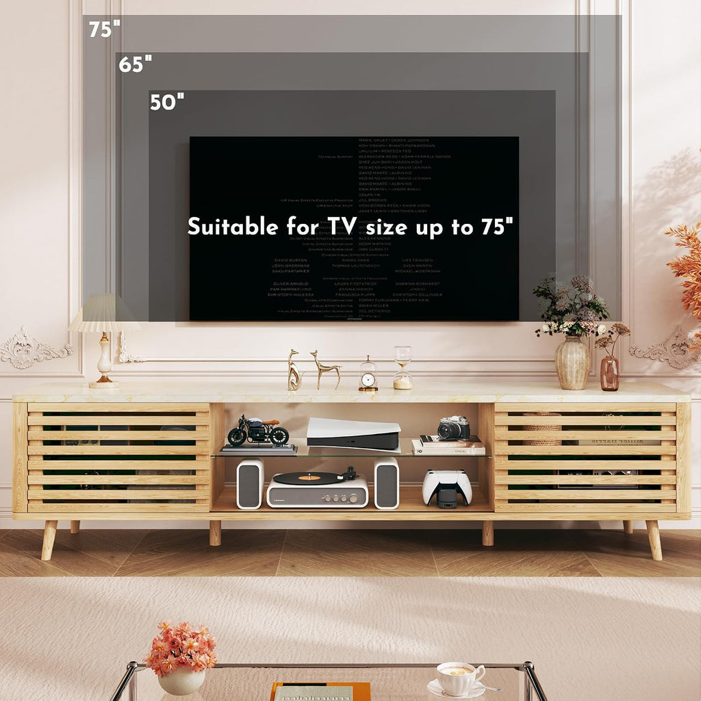 HUAHUU 70' TV Stand with Faux Marble Top for TVs up to 80', Mid Century Modern TV Console with Slatied Sliding Door, Entertainment Center with Adjustable Glass Shelves for Bedroom, Living Room, Oak