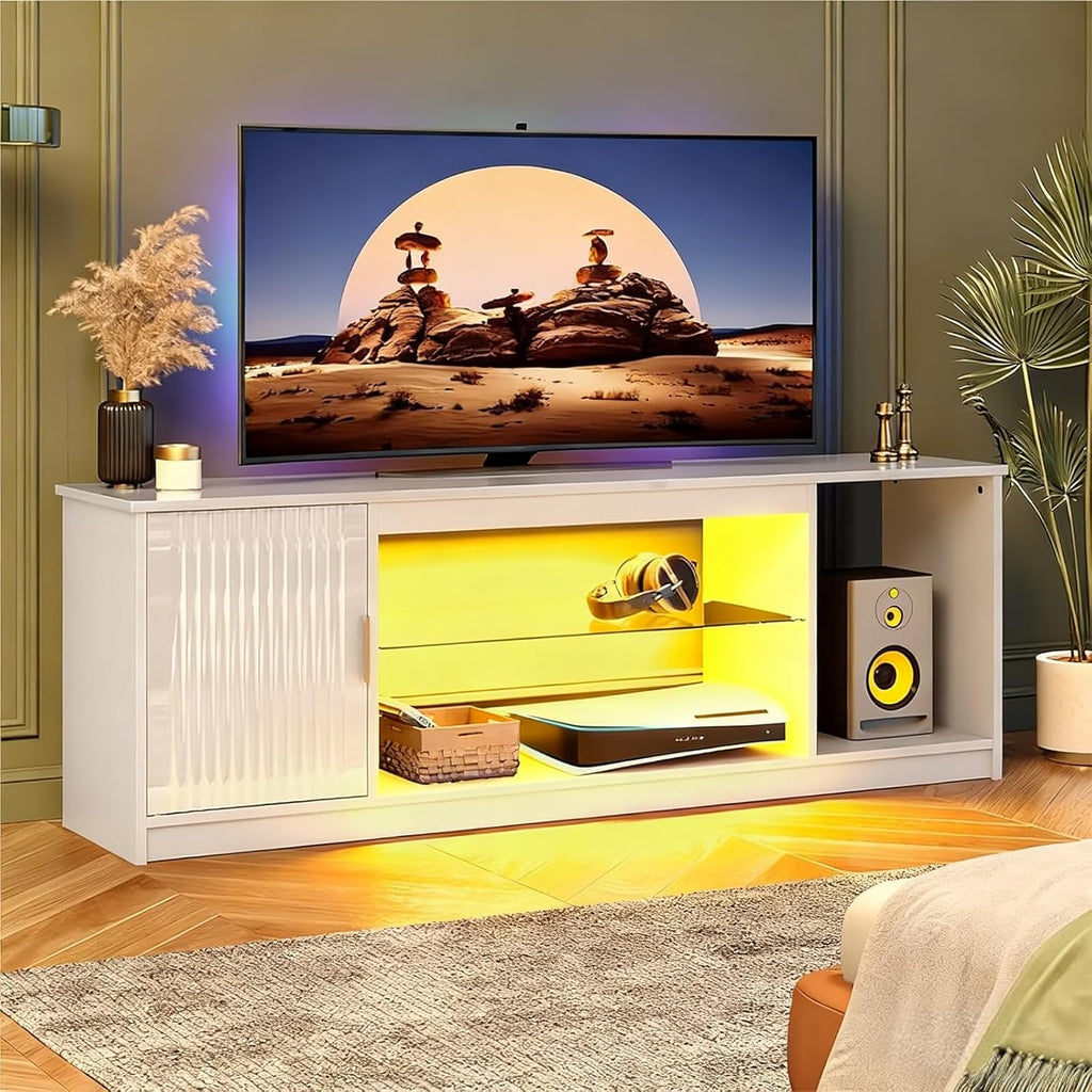 Bestier Glossy Fluted TV Stand for 65 Inch TV, Gaming LED Entertainment Center with Cabinet for PS5 Xbox, TV Console with Adjustable Glass Shelves for Living Room Bedroom, Bright White