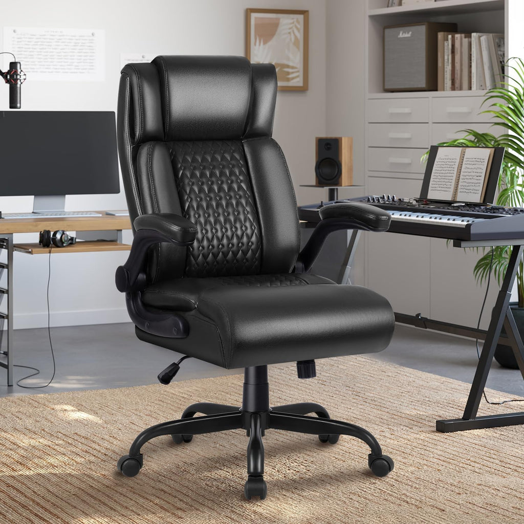 OFIKA Executive Office Chair Heavy Duty Office Chair Padded Flip Up Armrest, Computer Gaming Chair PU Leather Desk Chair, High Back Big and Tall Office Chair with Lumbar Support (Black)