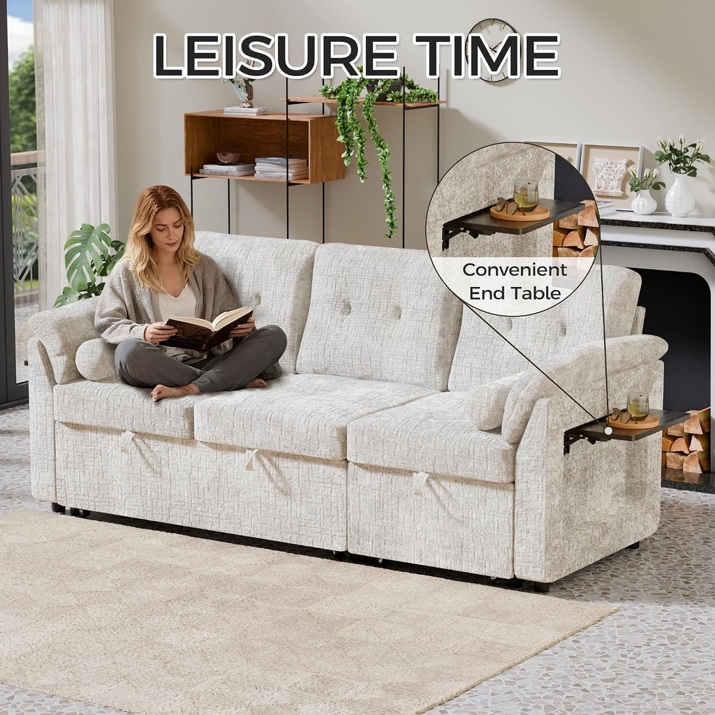 Convertible Sleeper Sofa Bed, 63 Inch Chenille Pull Out Couch with Side Table & Adjustable Backrest, Sectional Sleeper Sofa with Pull Out Bed for Living Room, Apartment, Beige