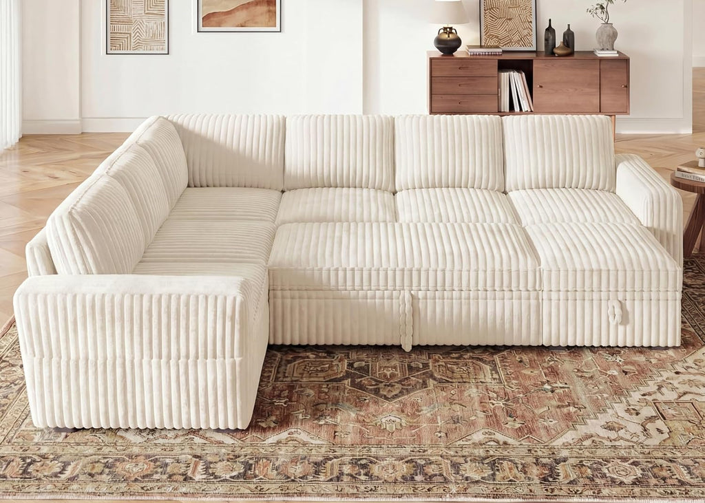 HONBAY Modular Sectional Sleeper Sofa with Pull Out Bed,Corduroy U Shaped Couch with Storage, Sectional Couches for Living Room,Beige