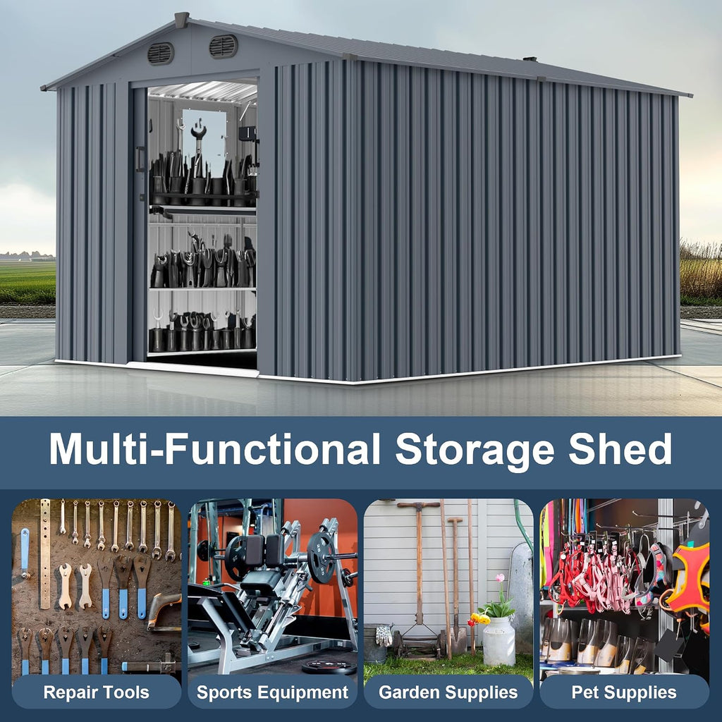 10x8FT Metal Outdoor Storage Shed, Garden Tool Shed Without Floor, Garage Shed with Window and Lockable Doors, for Garden Bike Lawnmower
