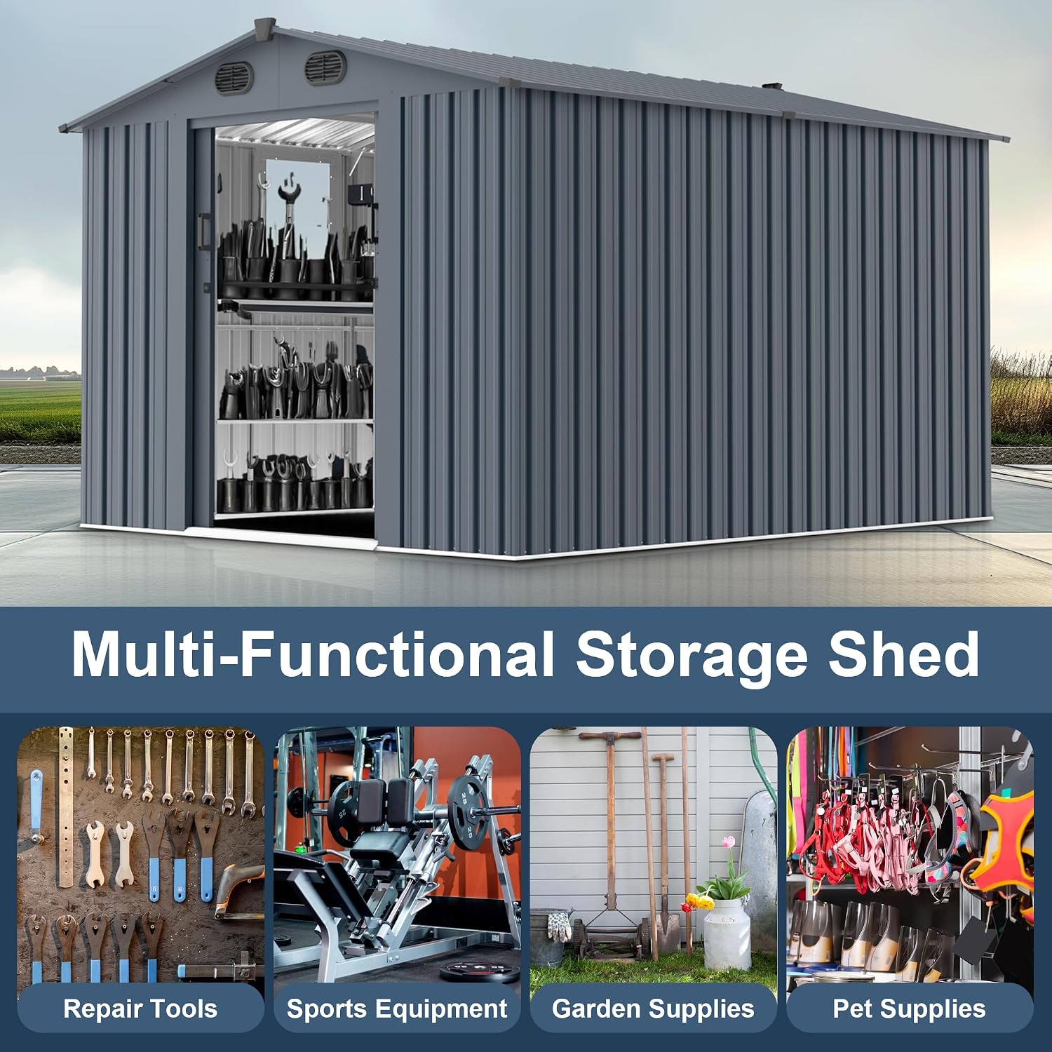 10x8FT Metal Outdoor Storage Shed, Garden Tool Shed Without Floor, Garage Shed with Window and Lockable Doors, for Garden Bike Lawnmower