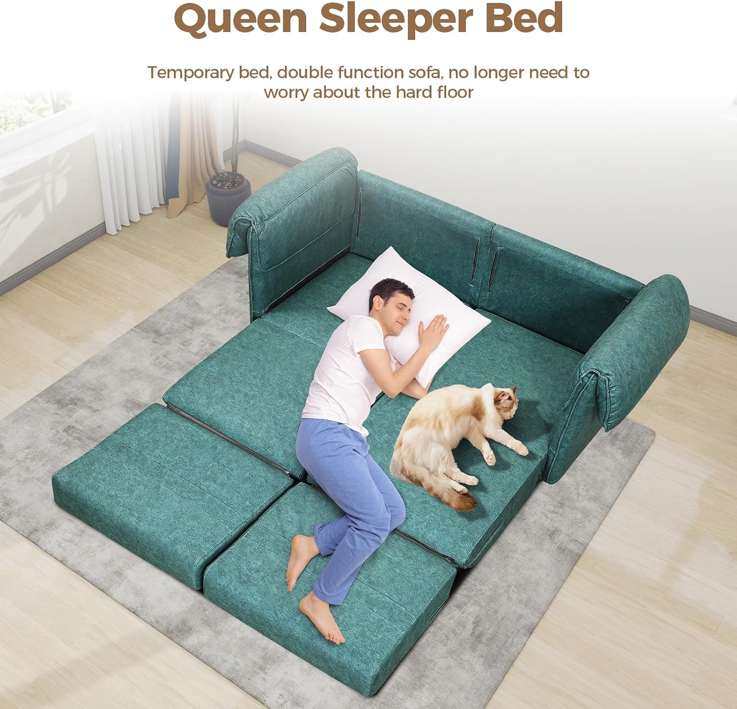 FHFO Convertible Couch Bed Queen, 65' Loveset Small Couch for Small Spaces, 3 in 1 Pull Out Sofa Bed Convertible Sleeper Sofa Comfy Sofabed for Living Room, Bedroom, Apartment (Green)