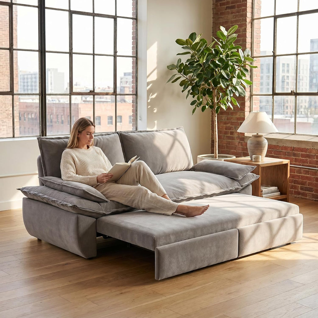 73.2' Sofa Bed Queen, 3-in-1 Pull Out Sofa Bed with Pillow Armrest, Modern Velvet Convertible Sleeper Futon Sofa for Living Room Small Space, Apartment, Bedroom, Grey