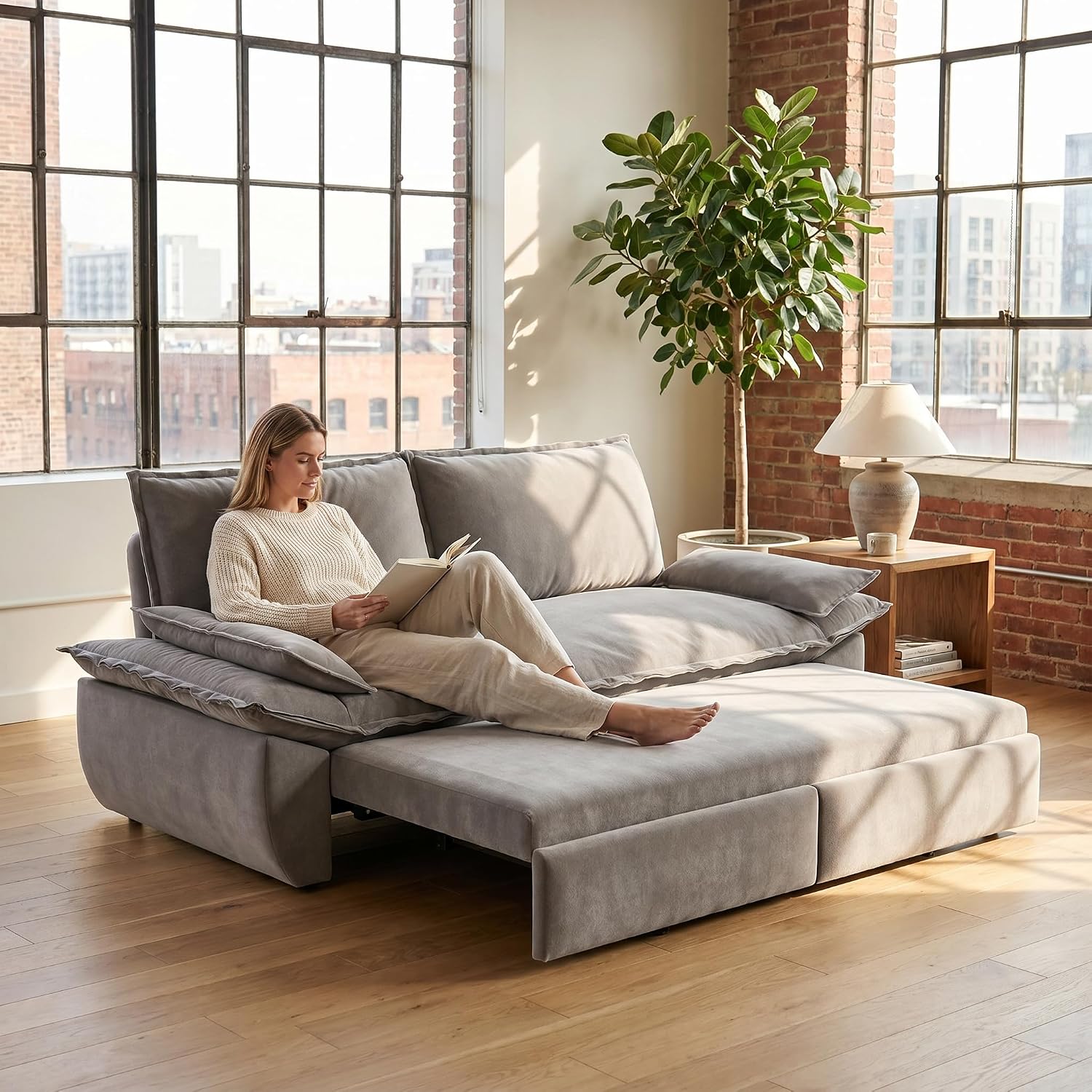 73.2' Sofa Bed Queen, 3-in-1 Pull Out Sofa Bed with Pillow Armrest, Modern Velvet Convertible Sleeper Futon Sofa for Living Room Small Space, Apartment, Bedroom, Grey