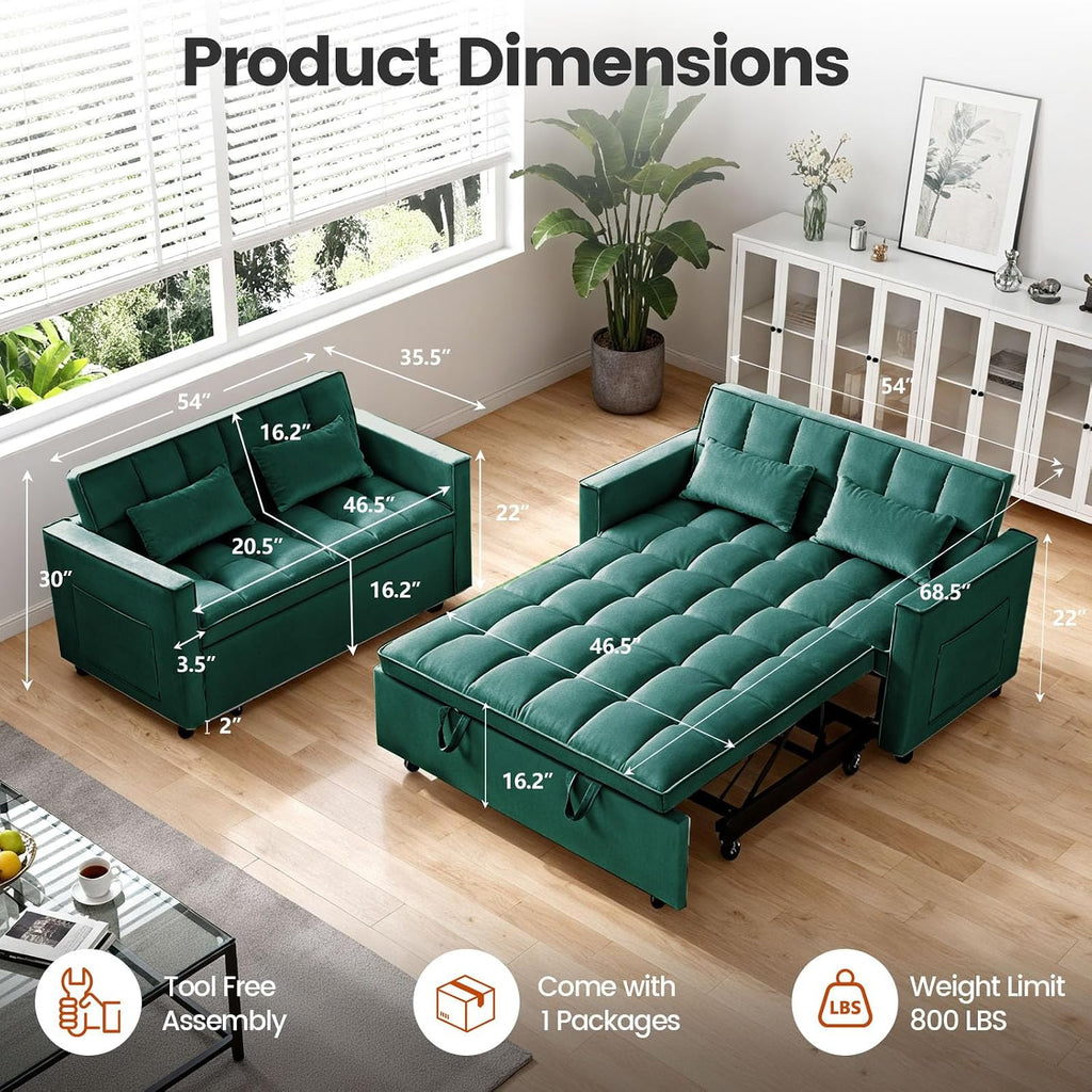 Convertible Sofa Bed, Pull Out Couch with Side Pockets, 3 in 1 Velvet Fabric Loveseat Sleeper Sofa Bed with Adjustable Backrest for Living Room, Bedroom, Apartment, Green