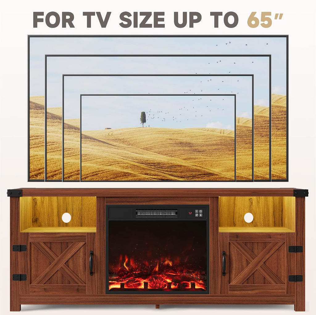 Furmax LED Entertainment Center with Fireplace, Fireplace TV Stand with Storage Cabinets and 2 Open Shelves, Modern Media TV Console for Living Room (Dark Brown)