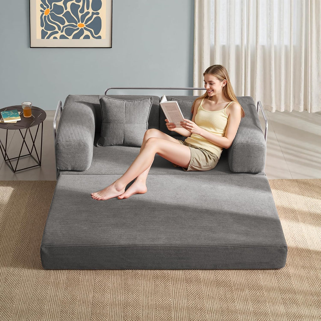 YINIX Sofa Bed, 62'' Folding Floor Couch, Compressed Convertable Sleeper Sofa, Memory Foam Couch with Pillow Back Support Armrest, 4-in-1 Futon Sofa Bed for Living Room, Silver