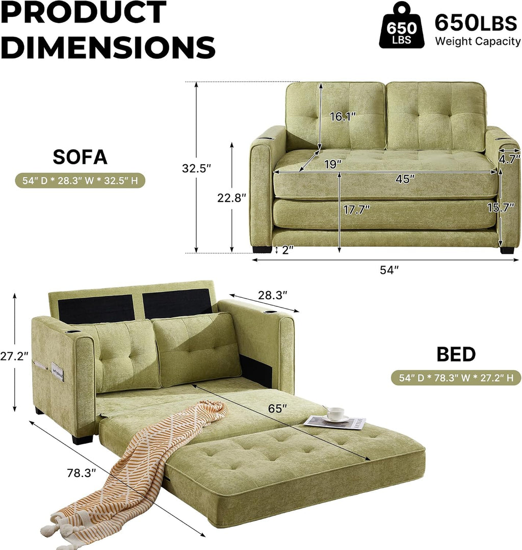 Convertible Sofa Bed, Pull Out Loveseat Sleeper Couch,Linen Fabric 2 in 1 Folding Couch Bed, Fold Out Floor Futon Couches with Cup Holder for Living Room, Bedroom,Small Space, Green