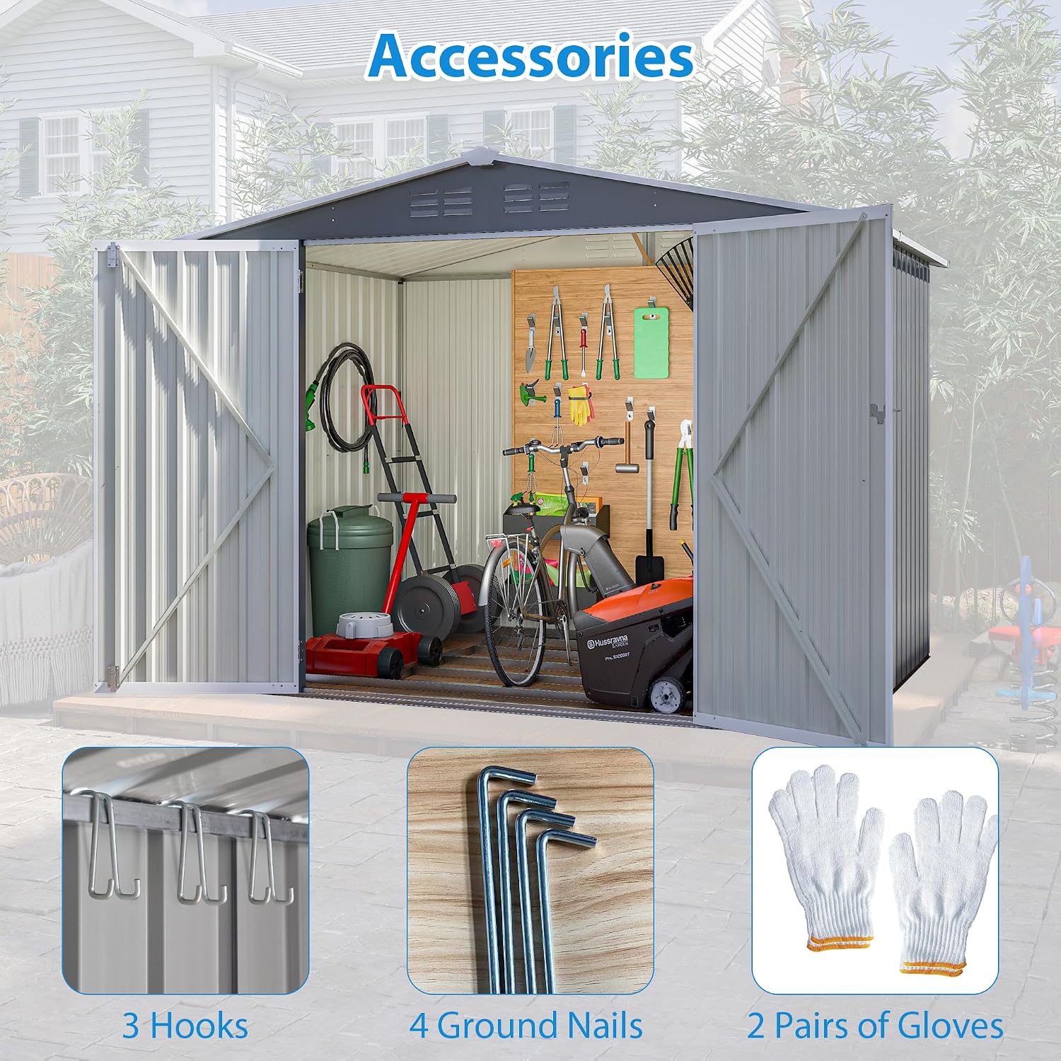 8 x 6 FT Outdoor Storage Shed, Metal Garden Shed with Floor Frame, Tool Shed Outdoor Storage with Lockable Hinged Doors & Air Vents, Storage House Waterproof for Backyard, Lawn, Gray