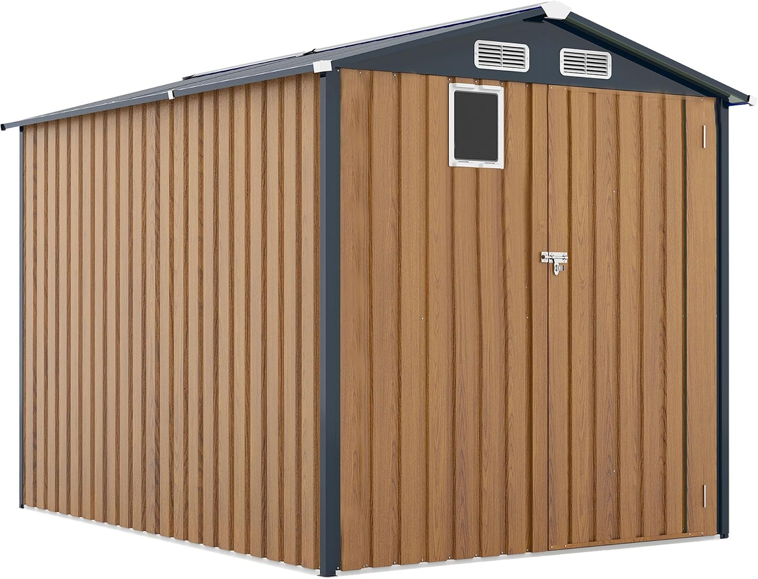 6x8 FT Outdoor Metal Storage Shed with Lockable Door, Steel Garden Utility Shed with Vents and Window, Backyard Patio Tool Shed for Lawn Equipment, Bike, Firewood and Mower Storage, Brown