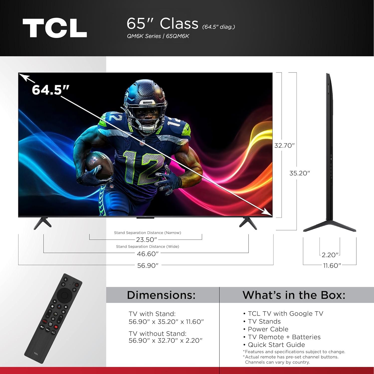 TCL 65 Inch Class QM6K Series | Mini LED QLED 4K HDR | 65QM6K, 2025 Model | 120HZ-144HZ High Brightness Smart Google TV Dolby Atmos Onkyo Audio | Voice Remote Alexa Gaming Streaming Television