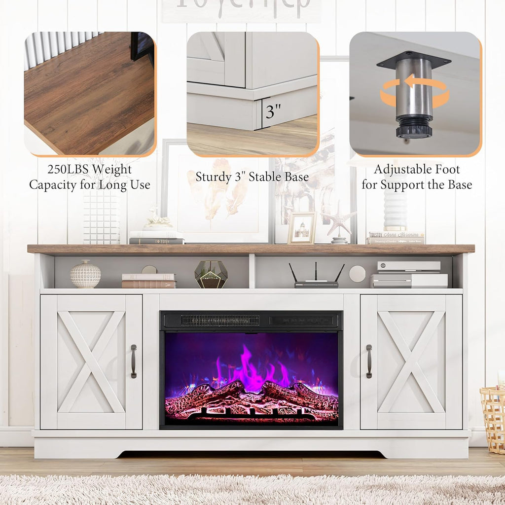 AMERLIFE 63' Farmhouse TV Stand with 26' Fireplace, for TVs up to 73', Media Entertainment Center with Adjustable Shelf & Barn Doors, Rustic TV Console Cabinet for Living Room, Rustic Oak & White