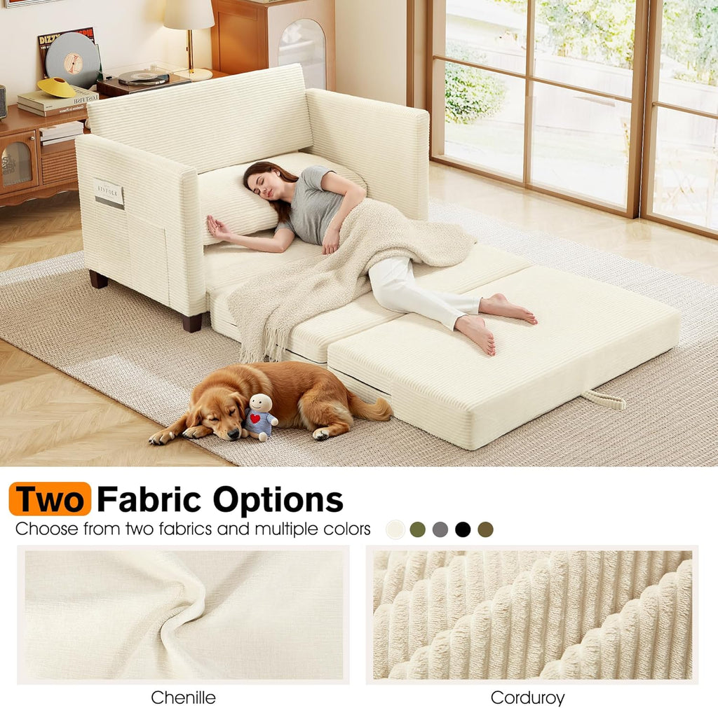 51' Loveseat Sleeper Sofa Bed, Corduroy Convertible Floor Sofa Bed for Small Spaces, Folding Couch Bed with Deep Seat, 2 Pillows & Solid Frame, Pull Out Floor Couch for Living Room, Beige