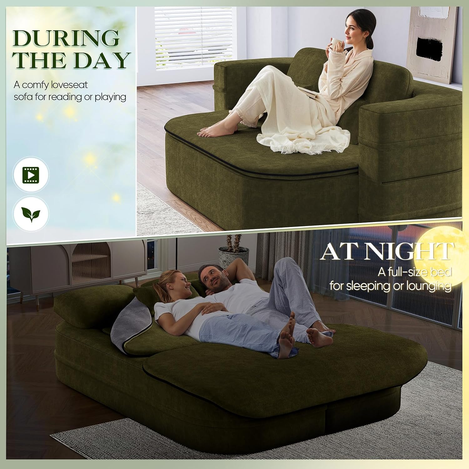 Antetek Convertible Sleeper Sofa, Modern Folding Futon Chenille Floor Foam Compression Loveseat Sofa Bed Couch, Foldable Full Size Guest Bed with 4 Pillows for Living Room Bedroom Apartment, Green