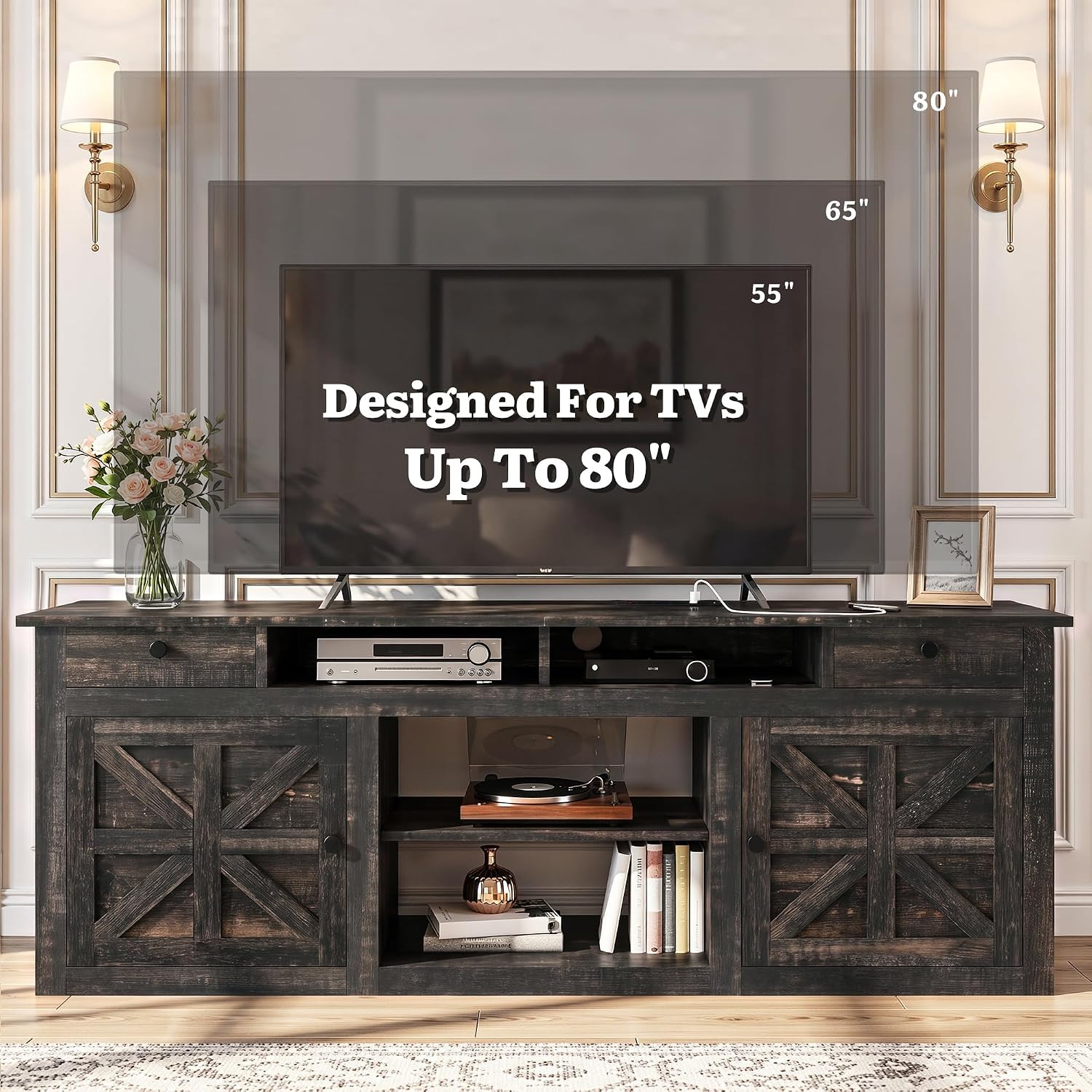 YITAHOME TV Stand for 75/80 Inch TV, Entertainment Center, TV Cabinet with Drawers and Power Outlet, Dark Rustic Oak TV Console for Living Room Furniture (70 Inch Lenght 30 Inch High)