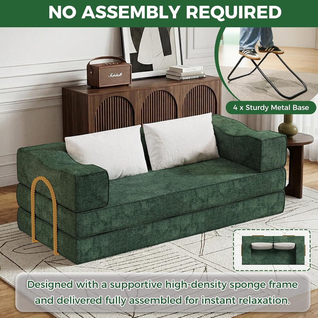 80' King Size Convertible Sofa Bed Sleeper, Foldable Futon Couch with Memory Foam & 2 Pillows, Chenille Fabric Modular Loveseat for Small Spaces, Apartment, Living Room, Studio (Green, 80in)