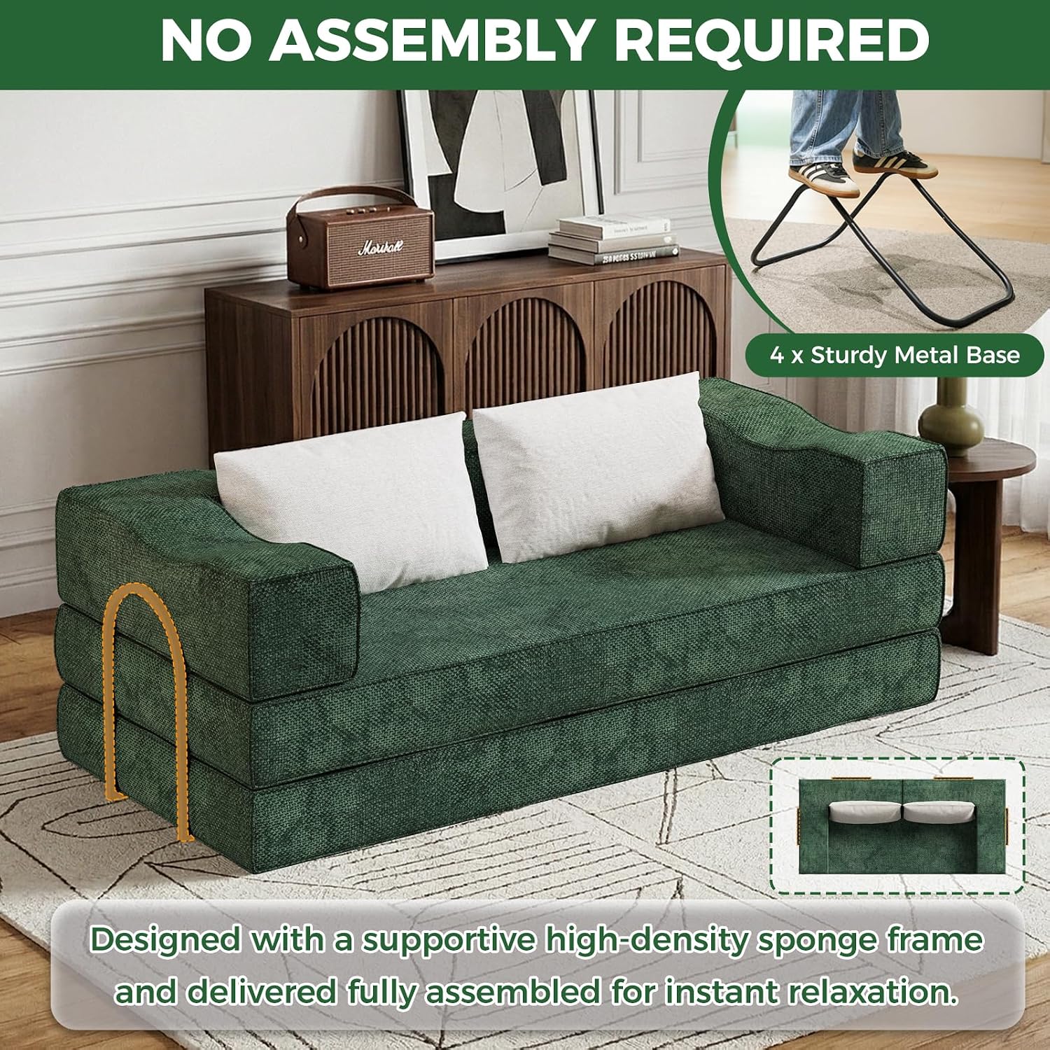 80' King Size Convertible Sofa Bed Sleeper, Foldable Futon Couch with Memory Foam & 2 Pillows, Chenille Fabric Modular Loveseat for Small Spaces, Apartment, Living Room, Studio (Green, 80in)