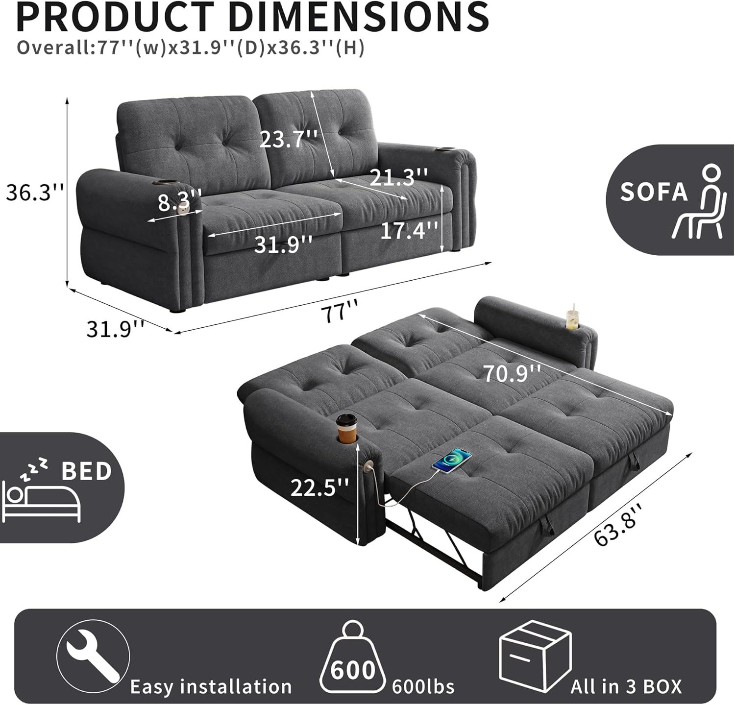 Convertible Couches, Queen Size Pull Out Sofa Bed with USB Charging Port and Cup Holders, Plannelette Fabric Convertible Sofa Bed for Small Space, Living Room, Apartment, Guest Room, Dark Grey