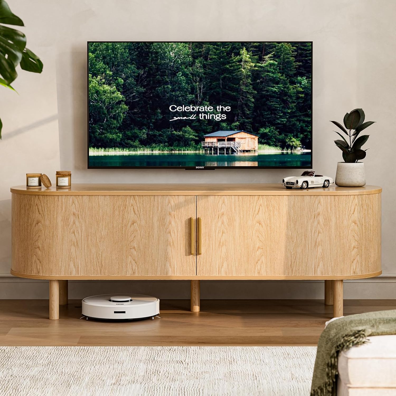 ZttRiee TV Stand for TVs up to 60 Inch, Entertainment Center with Sliding Doors and Adjustable Shelf, Modern TV Console with Storage for Living Room, Bedroom, Natural