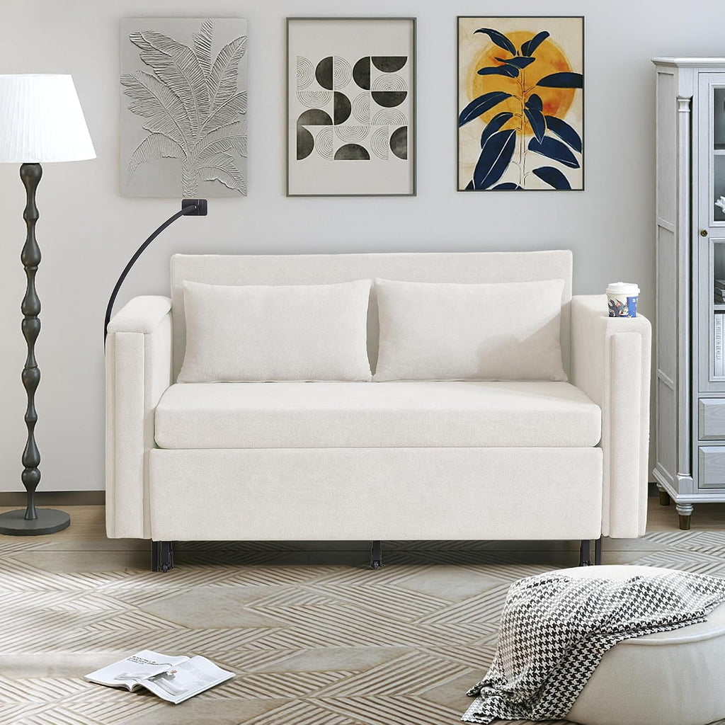 3-in-1 Convertible Sleeper Sofa Couch with Pullout Bed, Loveseat Sleeper Sofa Bed with Hidden Side Table, 56' Full Size Folding Futon Couch for Living Room Guest Room Apartment Home Office (Beige)