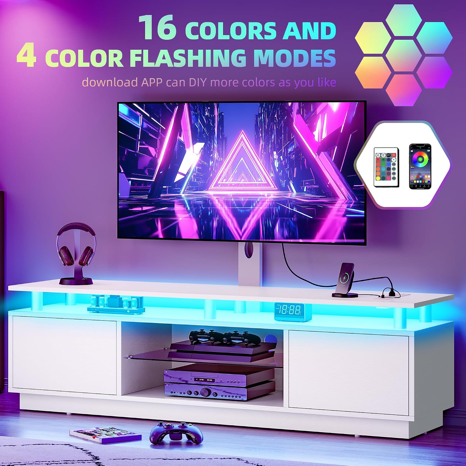 DWVO White TV Stand for 75/70/65 inch TV with Mount & Power Outlet, Modern LED TV Stands for Living Room, Entertainment Center with Storage, Television Stand, Gaming Media Stand