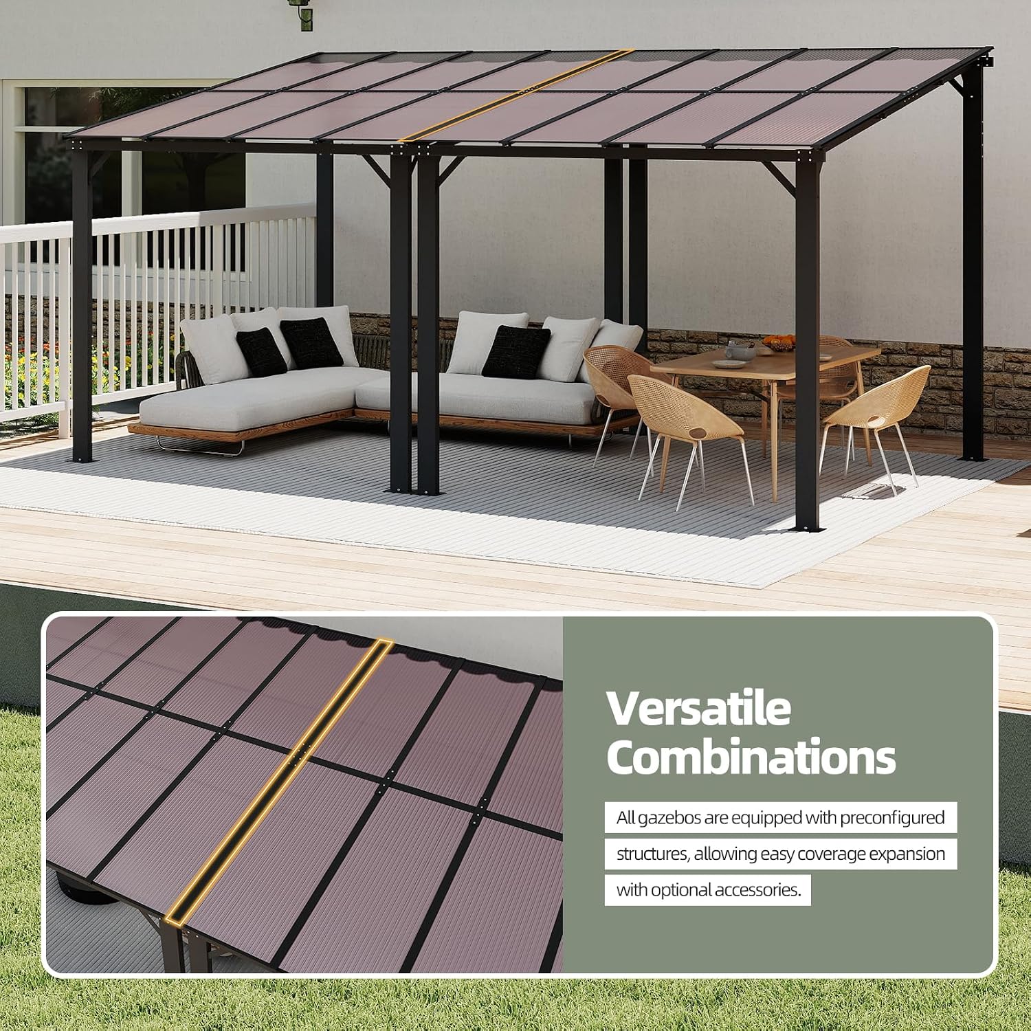 10'×8' Patio Gazebo with Waterproof Fuzzy Strip, Outdoor Gazebo with Innovative Base Support, Wall Mounted Gazebos Pergola with Roof for Backyard, Decks, Garden