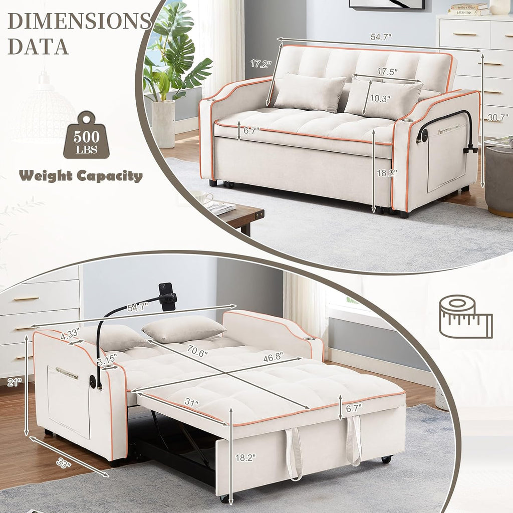 JEEOEHY 3 in 1 Convertible Sleeper Sofa Bed,Velvet Pull Out Couch Bed w USB&Type C Port,Comfy Futon Loveseat w Adjustable Backrest&Phone Stand&Cup Holder for Living Room Apartment Small Space(Beige)
