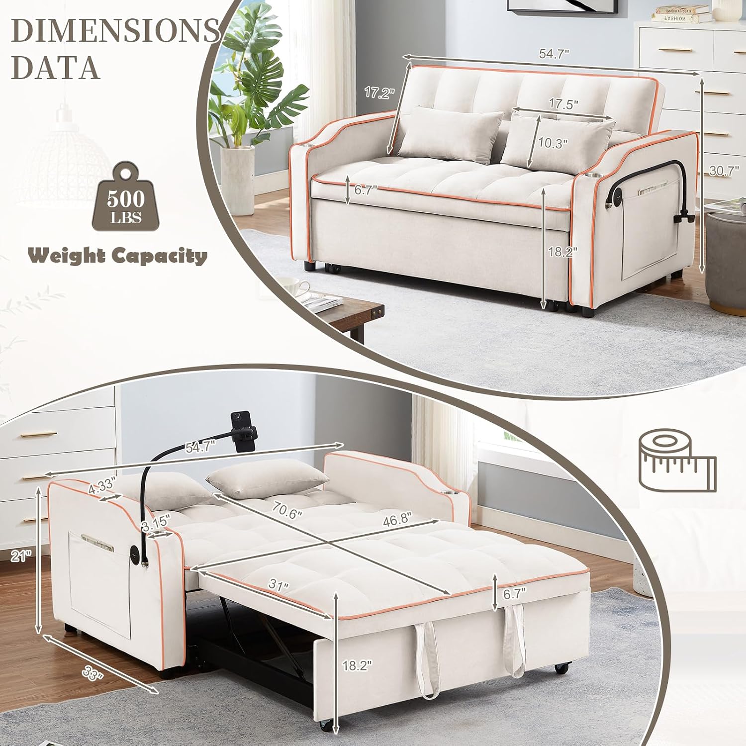 JEEOEHY 3 in 1 Convertible Sleeper Sofa Bed,Velvet Pull Out Couch Bed w USB&Type C Port,Comfy Futon Loveseat w Adjustable Backrest&Phone Stand&Cup Holder for Living Room Apartment Small Space(Beige)