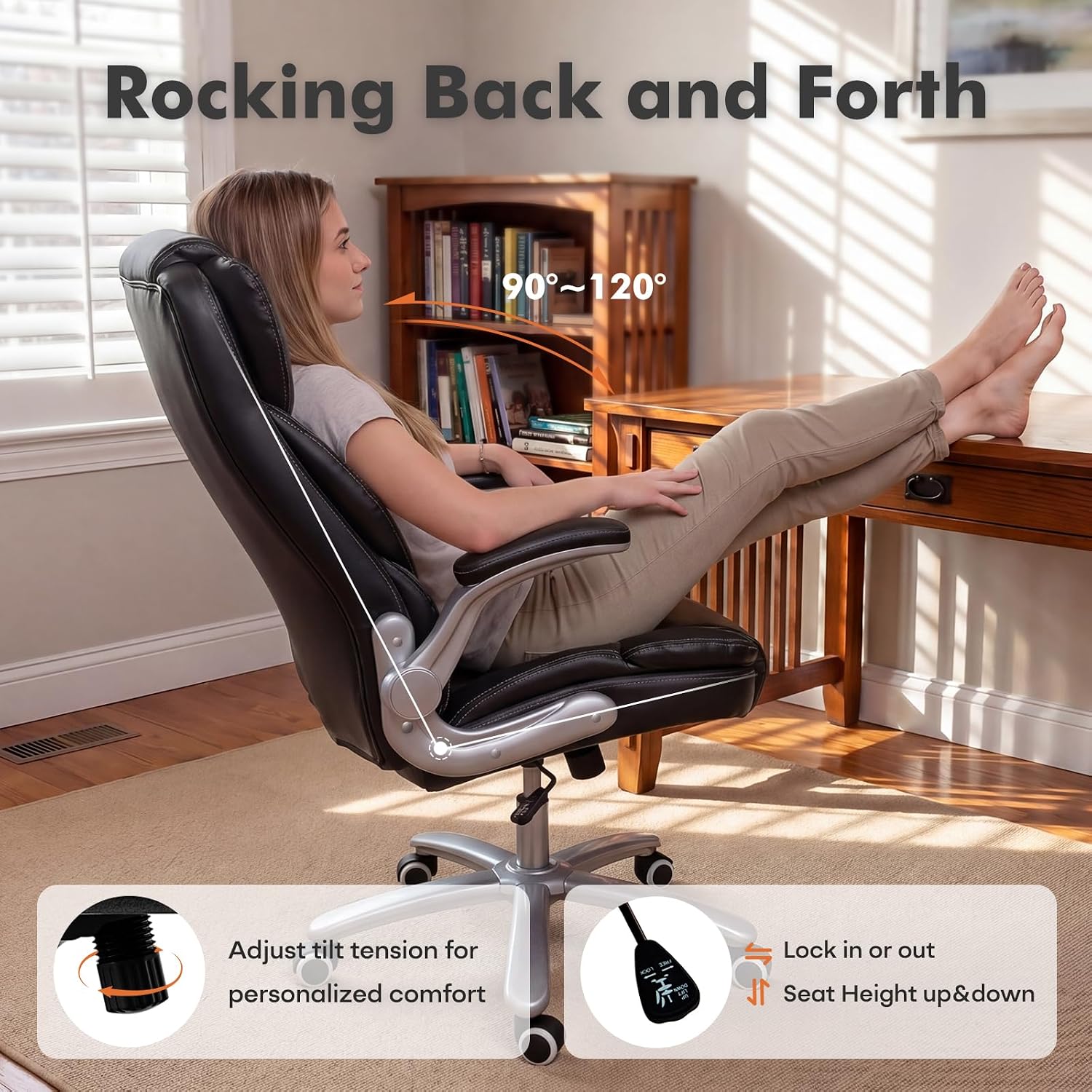 GYI Big and Tall Office Chair 400lb Wide Seat, Ergonomic High Back Leather Executive Desk Chair with Flip-up Arms, Black