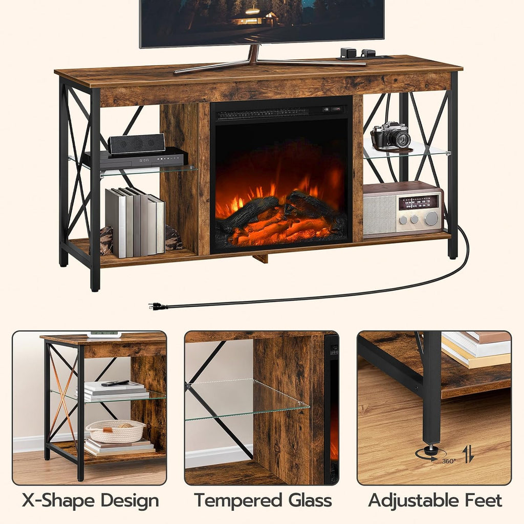 HOOBRO Fireplace TV Stand with Charging Station and LED Lights, TV Stand with Fireplace for TVs up to 55', Entertainment Center with Fireplace, Glass Shelves, Rustic Brown and Black BF120UDDS01