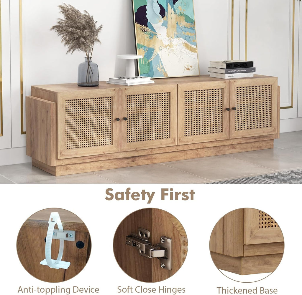 Tangkula Farmhouse TV Stand for TVs Up to 75-Inch, PE Rattan Entertainment Center with Storage and Adjustable Shelves, Mid Century Modern TV Console with 2 Cabinets and 8 Cable Holes for Living Room