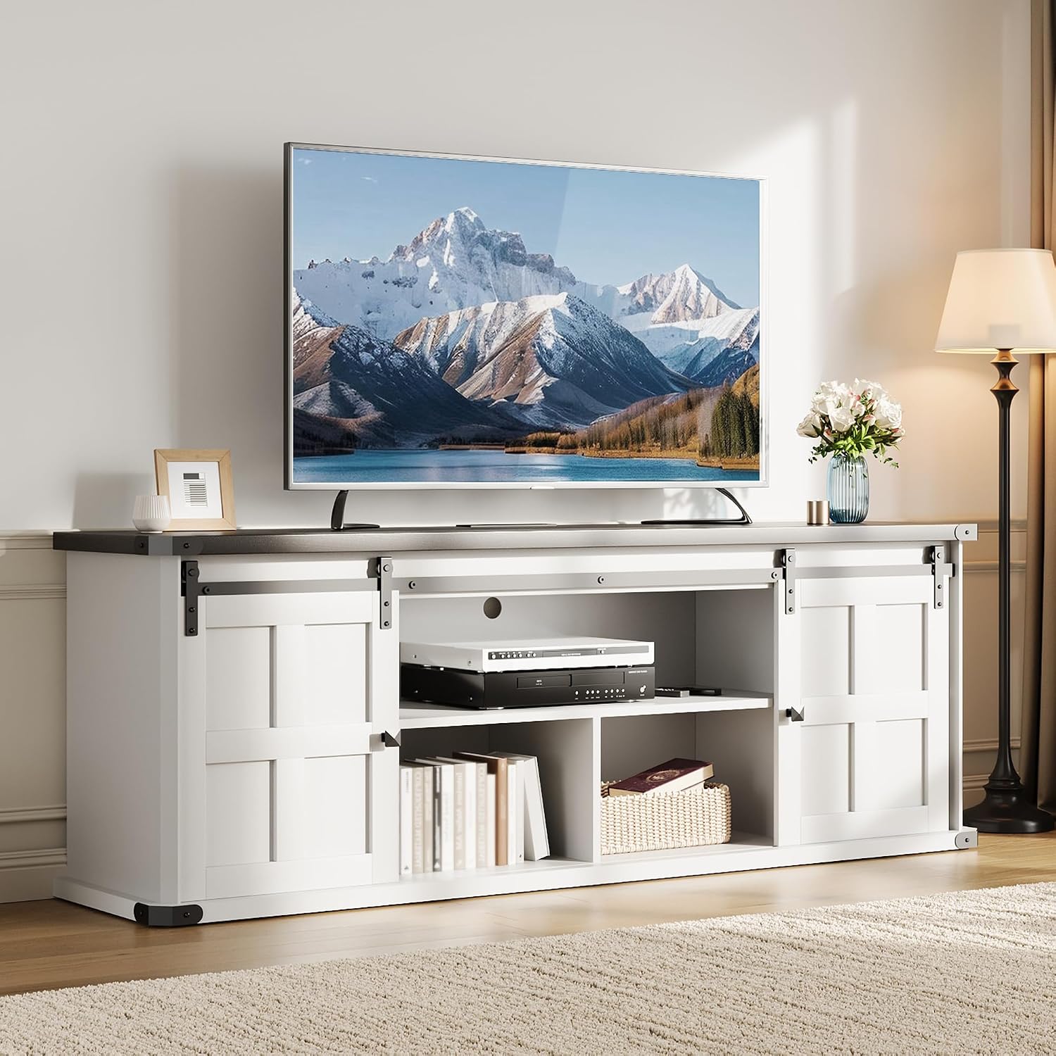 70' Farmhouse TV Stand for 80/75/70 Inch TVs,Entertainment Center Storage Cabinets w/Power Outlets and Sliding Barn Door,Rustic TV Stands for Living Room,Media Console Cabinet