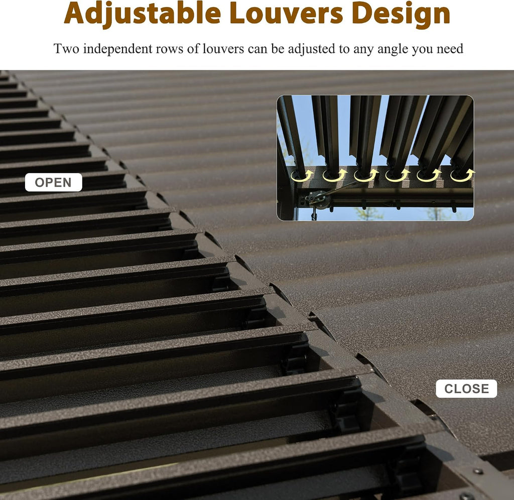 Domi 12x16FT Louvered Pergola, Full Aluminum Pergola with Adjustable Louvered Roof, Outdoor Pergola with Waterproof Curtains and Netting, Dark Brown