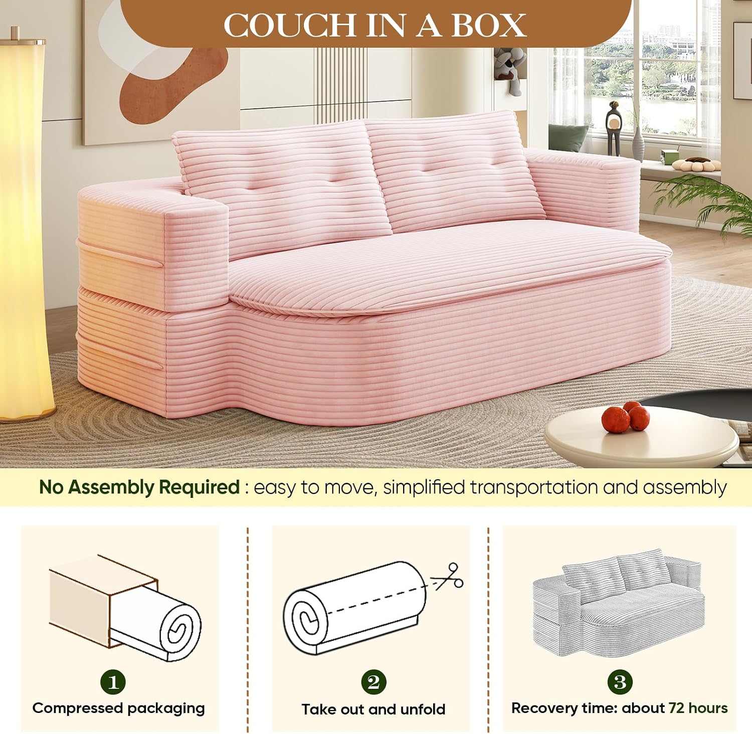 Convertible Sleeper Sofa, Modern 78-inch Folding Futon Corduroy Floor Foam Compression Loveseat Sofa Bed Couch, Foldable Full Size Guest Bed with 2 Pillows for Living Room Bedroom Apartment, Pink