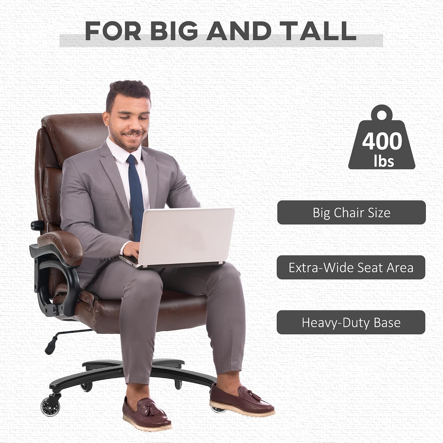 Ergonomic Office Chair for Big and Tall Adults, 400 lb Capacity Computer Gaming Desk Chairs with Swivel Rolling Wheels, Comfy Home Furniture Chairs for Bedroom,Brown