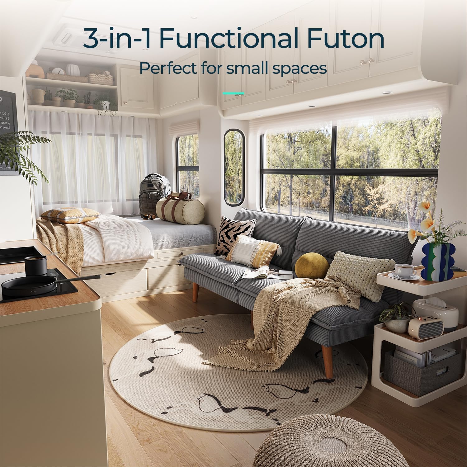 LINSY Futon Sofa Bed Couch Corduroy Futon with Adjustable Backrest Comfy Loveseat Convertible Folding Sleeper Sofa Couches for Small Spaces Living Room Apartment Office (Dark Grey)