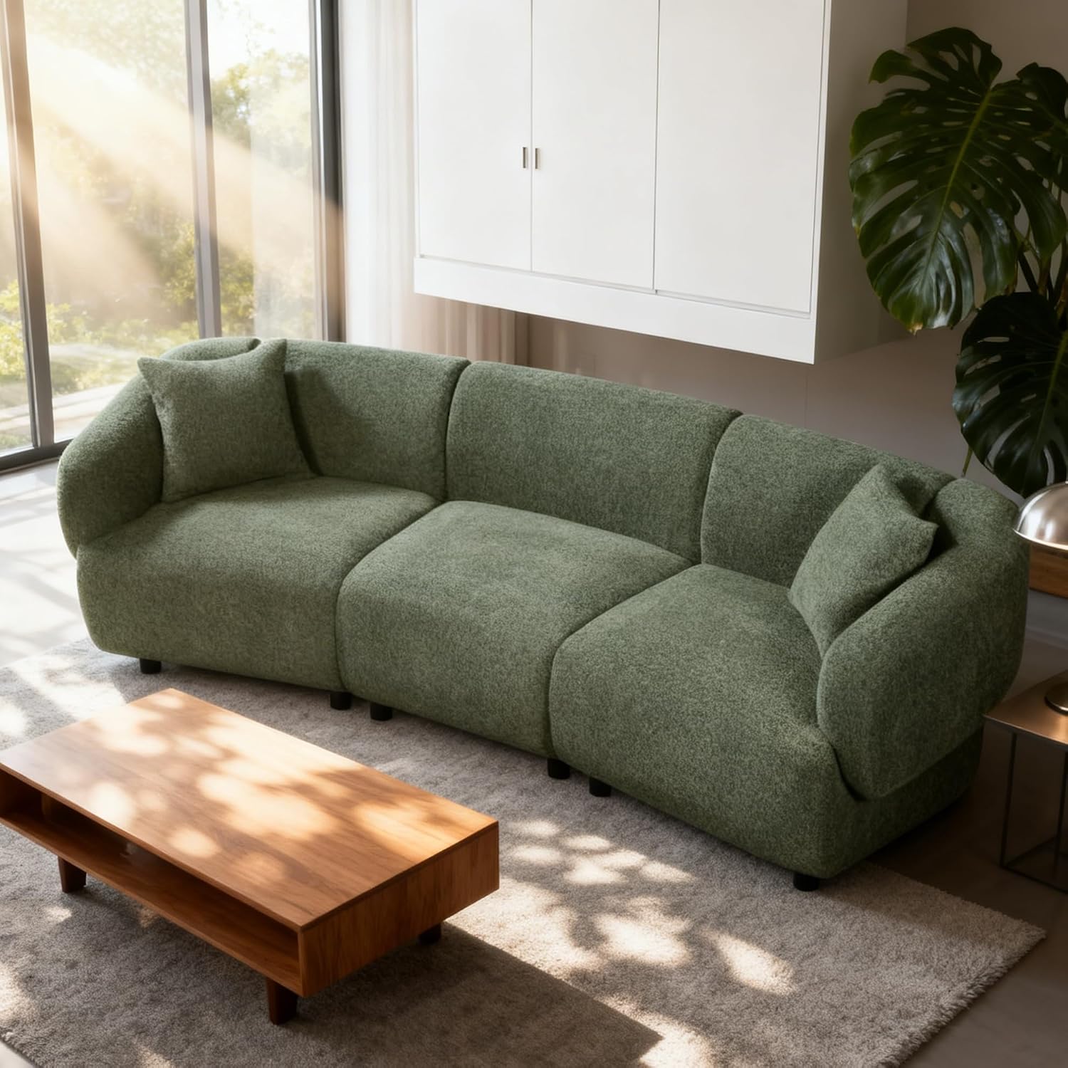 Christopher Knight Home Obito Boucle Upholstered 3-Seater Sofa, Modern Home Sofa Living Room, Wooden Large Upholstered Sofa Couch for Apartment/Home Office, Olive Green