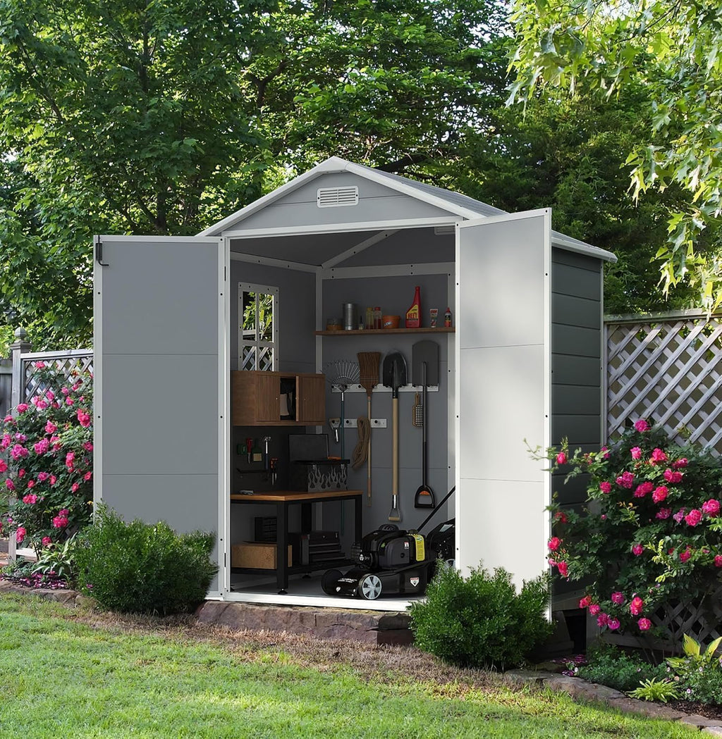 Devoko 6 x 4 FT Plastic Outdoor Storage Shed with Floor, Resin Tool Shed with Window, Outside Waterproof Garden Shed with Lockable Door for Patio, Backyard, Poolside, Light Grey