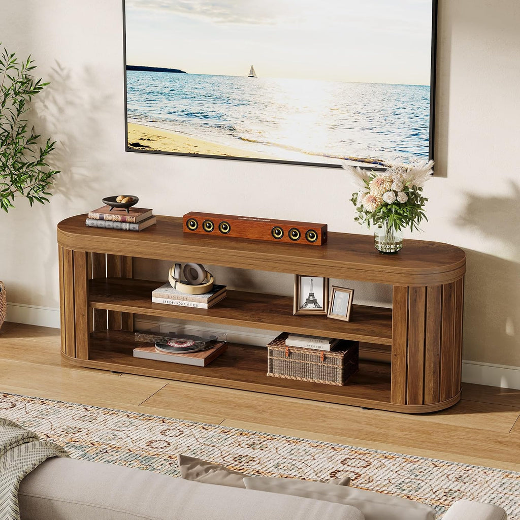 Tribesigns TV Stand for TVs up to 55 Inches, 47.2-Inch Entertainment Center with 2-Tier Open Storage & Adjustable Foot Pads, Oval Media TV Console Table for Living Room, Bedroom, Rustic Brown