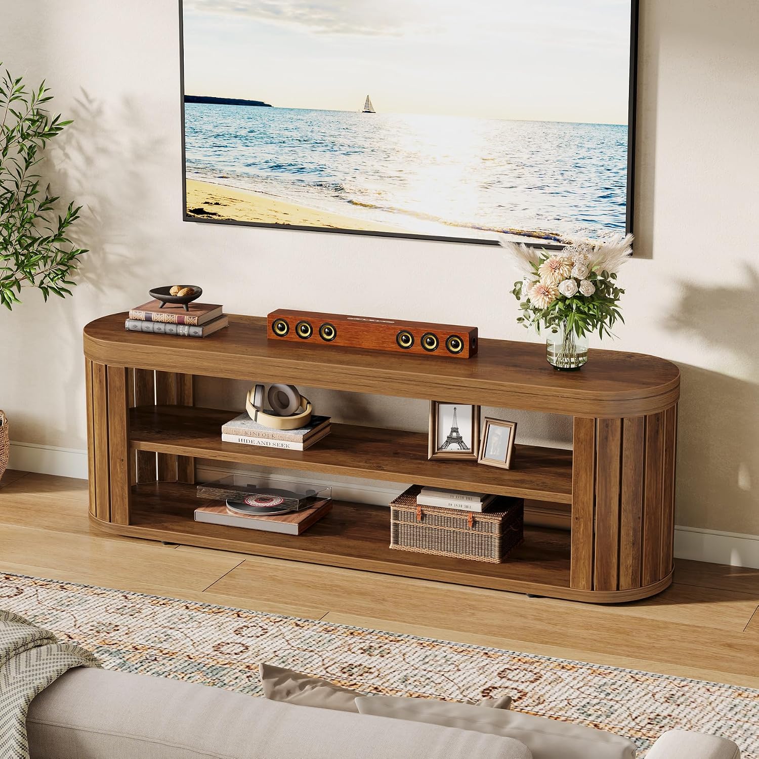 Tribesigns TV Stand for TVs up to 55 Inches, 47.2-Inch Entertainment Center with 2-Tier Open Storage & Adjustable Foot Pads, Oval Media TV Console Table for Living Room, Bedroom, Rustic Brown