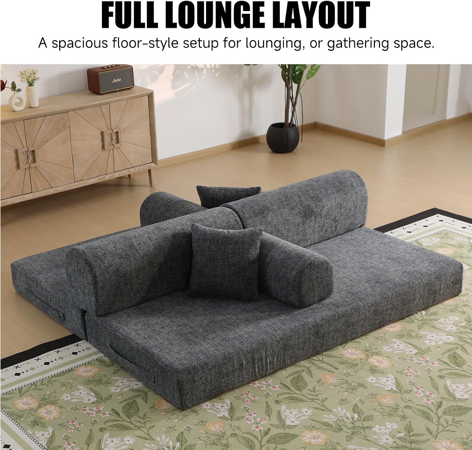 78.8' Memory Foam Boneless Couch, Corduroy Floor Sofa Bed, Convertible Sleeper Futon Loveseat, Wide Armrest & Back Support, Supports Up to 1200lbs, Couch in a Box with 2 Pillows, Charcoal Gray
