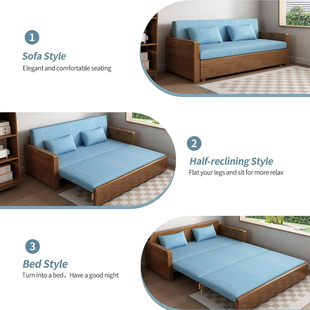 71'queen convertible sofa sleeper,blue cushion sectional sleeper sofa with reversible chaise,walnut color wood sofa bed 3 in 1 pull out couch bed,wooden couch for livingroom,apartment,bedroom,office