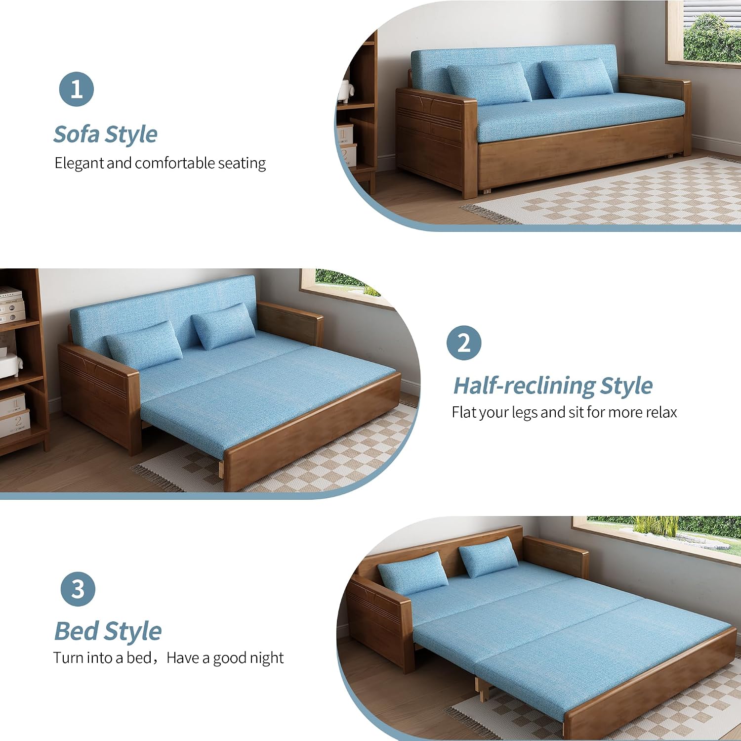 71'queen convertible sofa sleeper,blue cushion sectional sleeper sofa with reversible chaise,walnut color wood sofa bed 3 in 1 pull out couch bed,wooden couch for livingroom,apartment,bedroom,office
