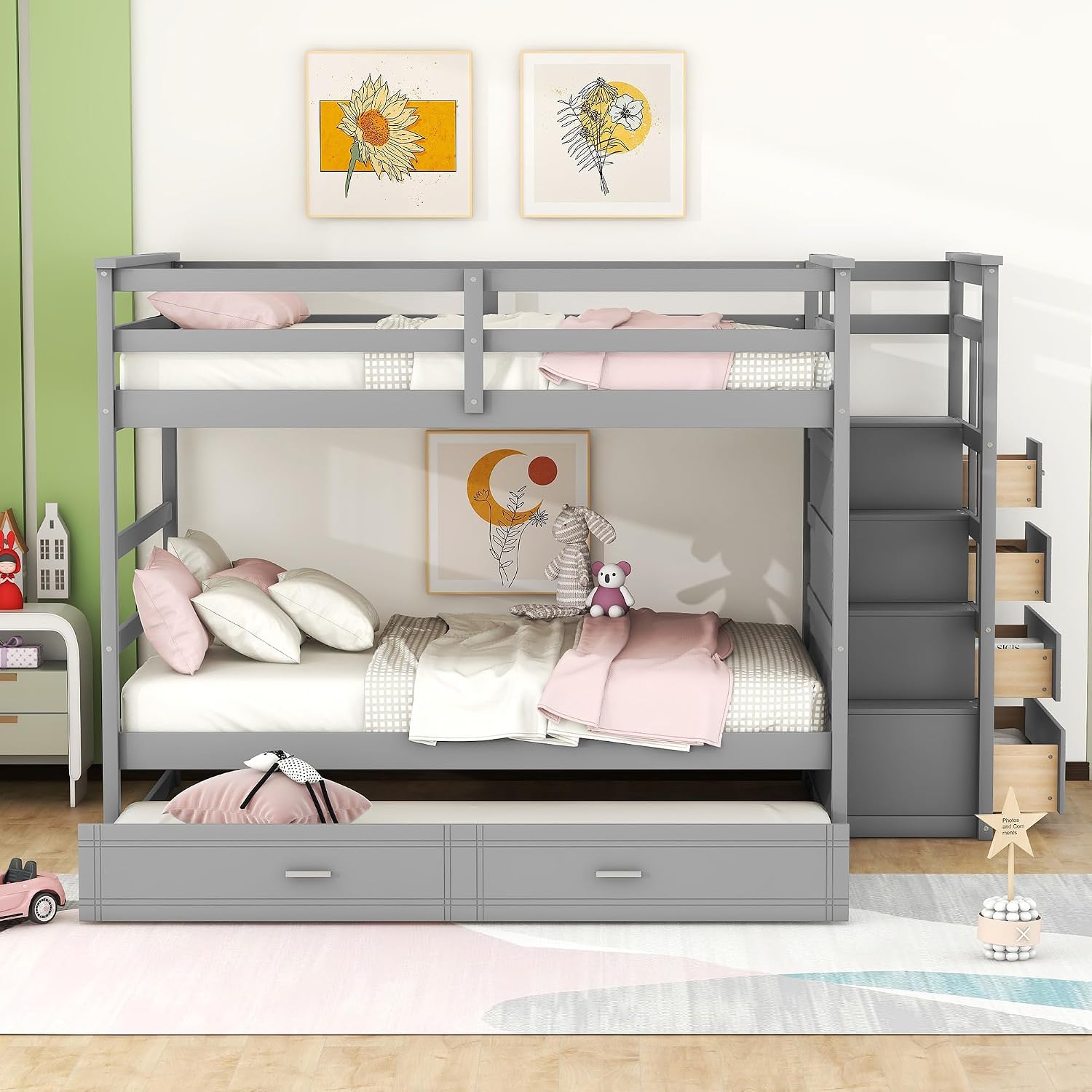 Harper & Bright Designs Full Over Full Bunk Bed with Twin Size Trundle and Stairs, Kids Bunk Beds with Storage Drawers, Wood Full Bunk Beds with Trundle and Guardrail for Kids Teens Adults, Gray