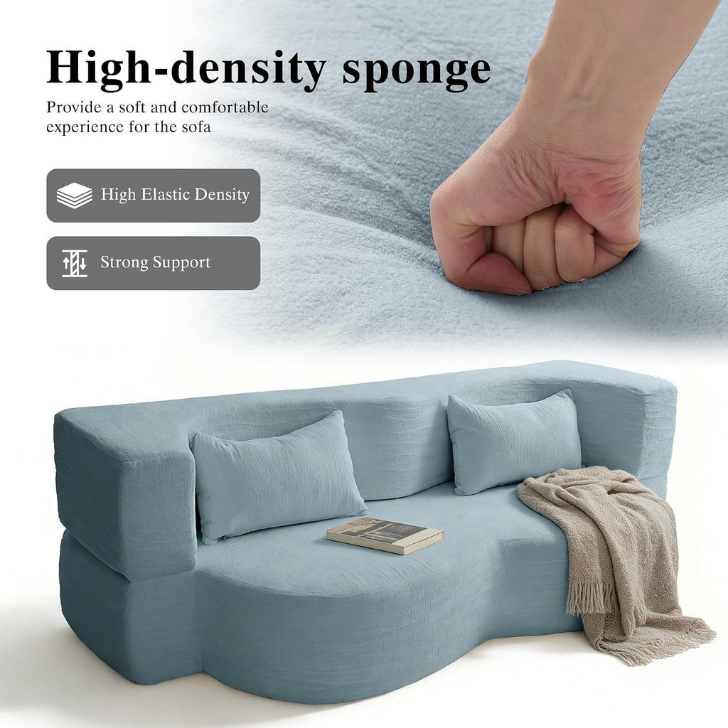 2-in-1 Convertible Sofa,78 Inch Pull Out Sofa Folding Sofa Bed with 2 Pilow Lazy Sofa, Teddy Loveseat Sleeper Floor Sofa for Apartment Children's Room Bedroom Living Room (Teddy, Light Blue)