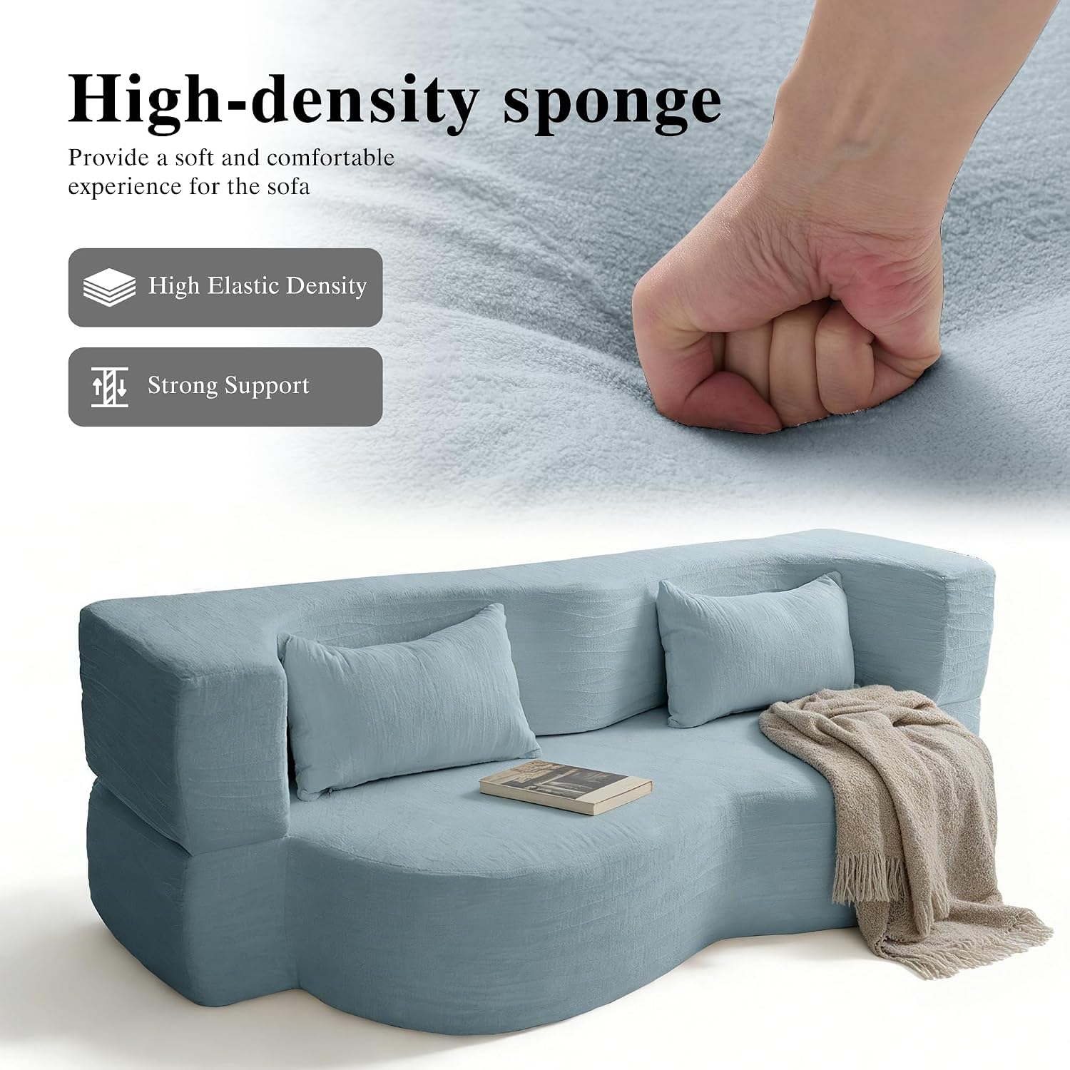2-in-1 Convertible Sofa,78 Inch Pull Out Sofa Folding Sofa Bed with 2 Pilow Lazy Sofa, Teddy Loveseat Sleeper Floor Sofa for Apartment Children's Room Bedroom Living Room (Teddy, Light Blue)