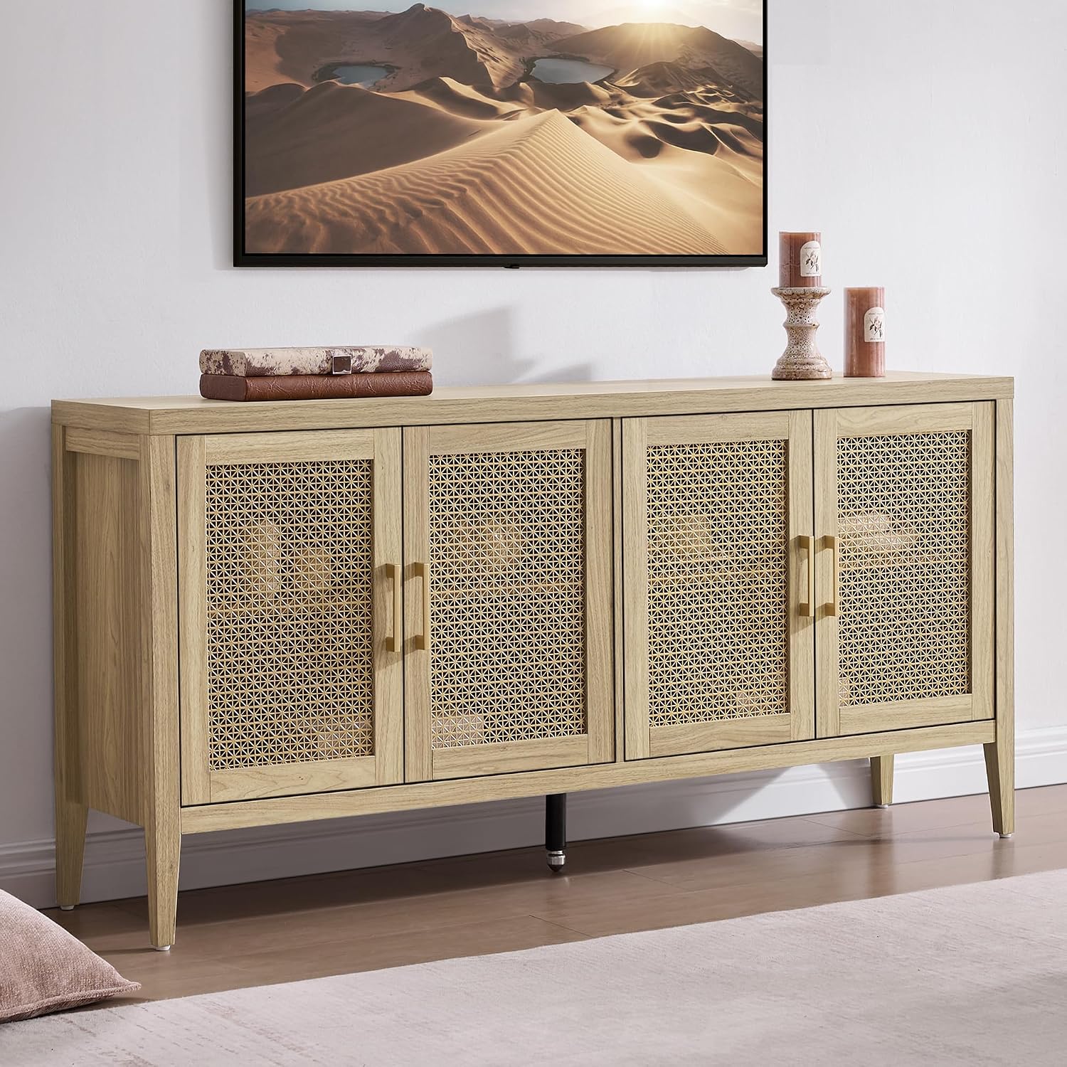 SICOTAS TV Stands for Living Room - Modern TV Console with 4 Doors Cabinet, 59' Television Stands Farmhouse Entertainment Center Media Console Credenza for 45 50 55 60 65 Inch TVs, Light Walnut